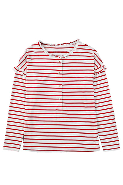 Red Striped Snap Button Frill Neck Long Sleeve Henley Shirt