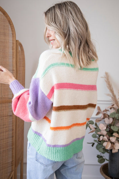 Multicolor Striped Drop Shoulder Crew Neck Sweater