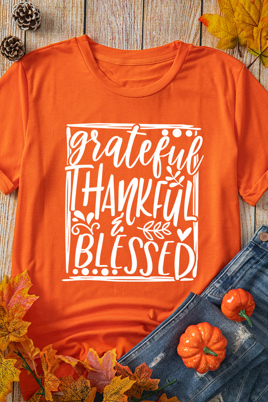 Orange Grateful Thankful Blessed Printed Crewneck Thanksgiving T Shirt