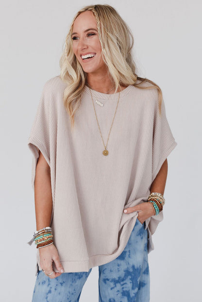 Apricot Ribbed Knit Batwing Sleeve Tunic Tee