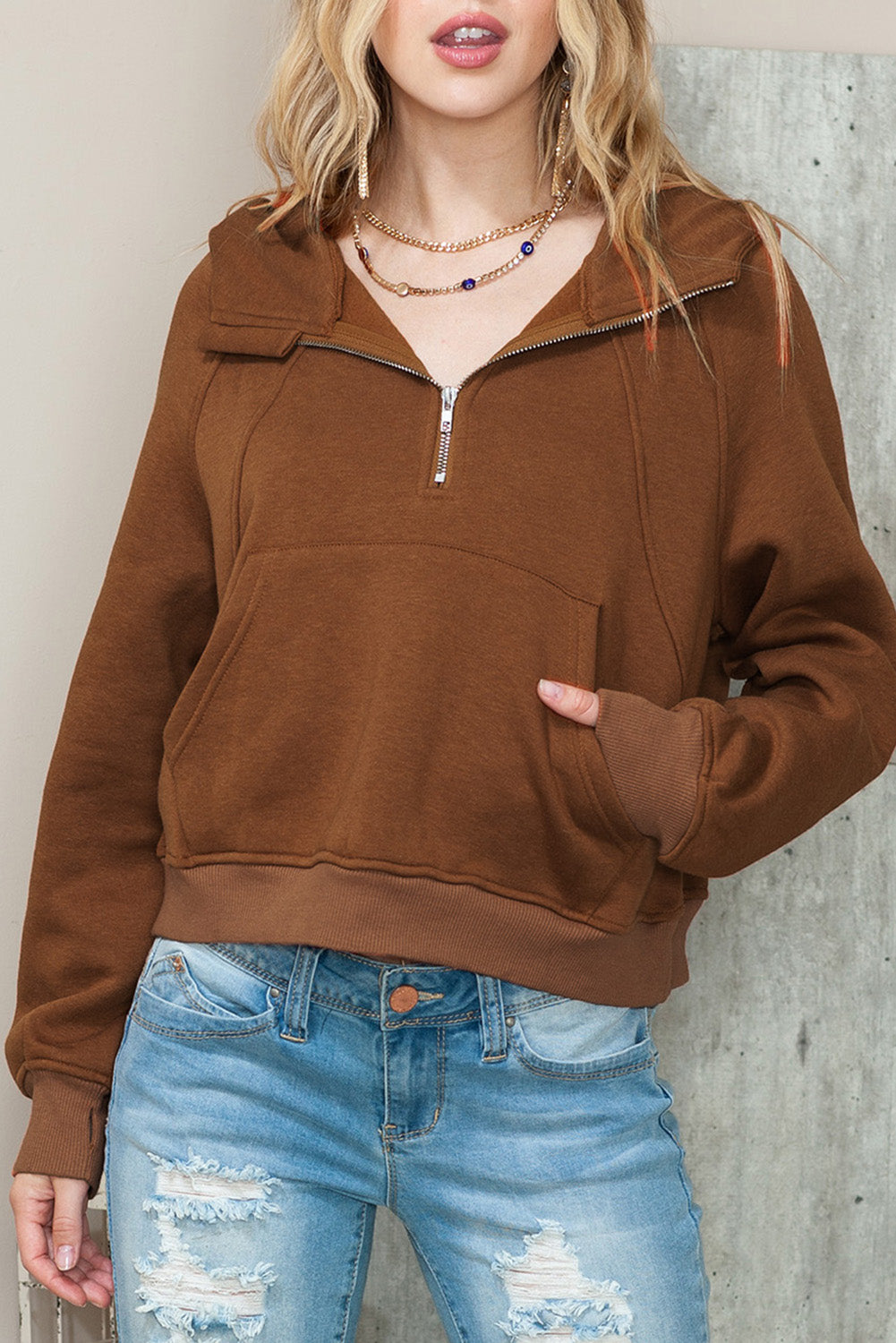 Pink Thumbhole Raglan Sleeve Half Zip Pullover Hoodie