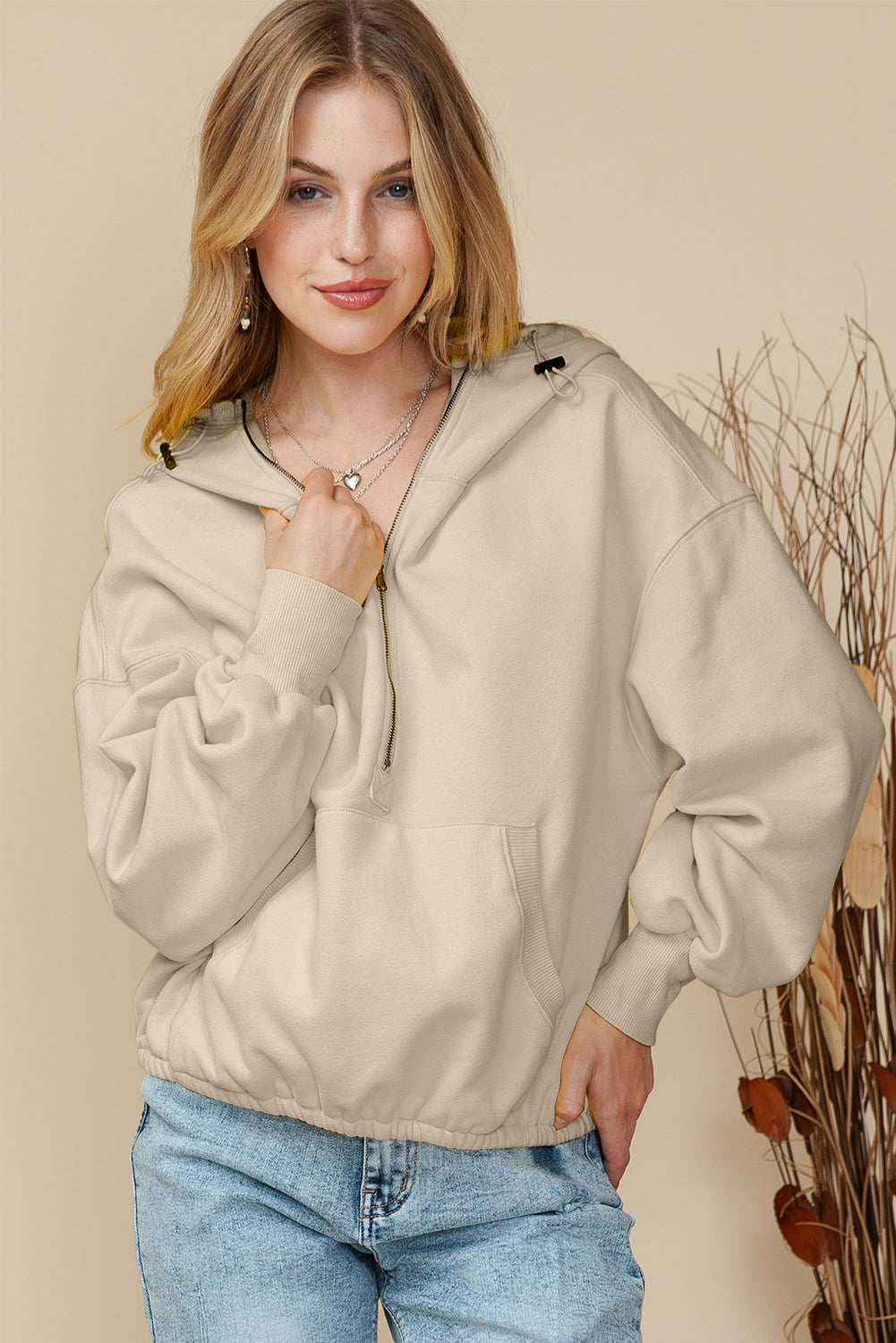 Brown Half Zip Pullover Hoodie with Kangaroo Pocket