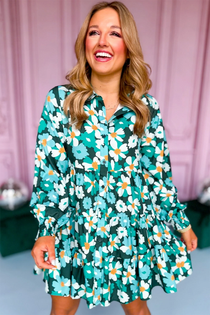 Blackish Green Flower Print Smocked Cuffs Tiered Mini Dress