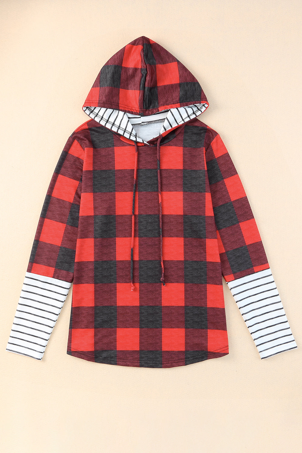 Red Plaid & Striped Patchwork Drawstring Hoodie