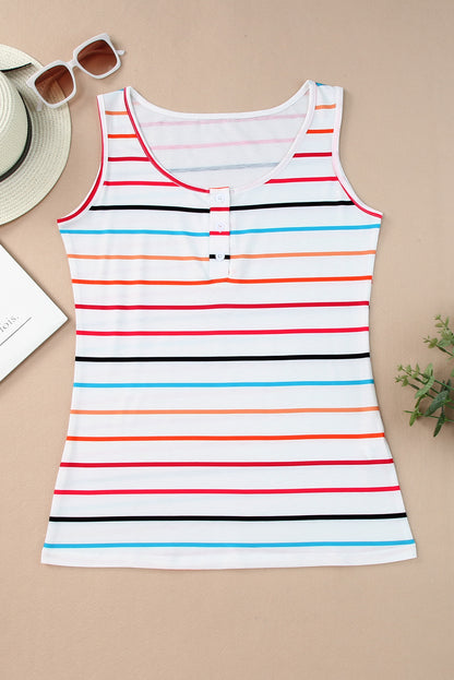 Multicolor Striped Print U Neck Casual Henley Tank Top