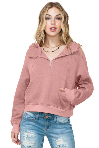 Pink Thumbhole Raglan Sleeve Half Zip Pullover Hoodie