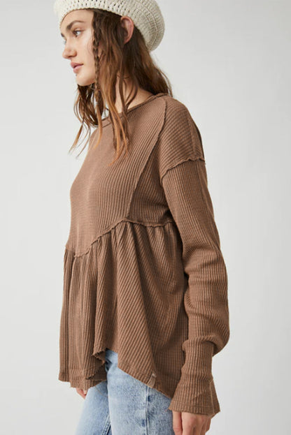 Brown Textured Exposed Seam Pullover Long Sleeve Top