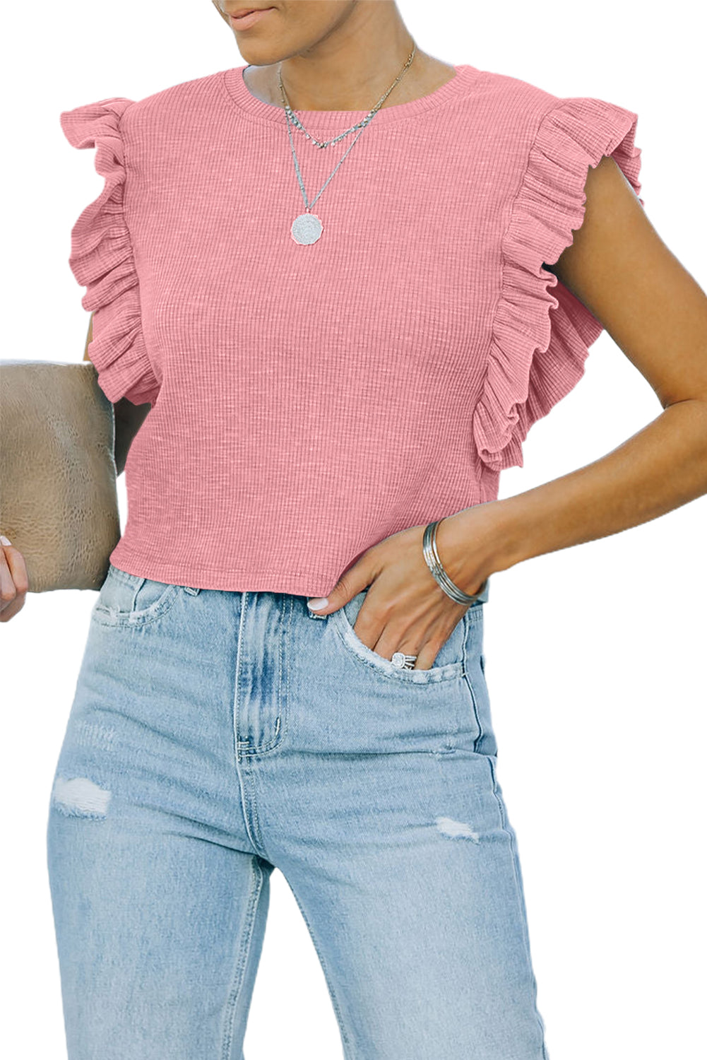 Pink Ruffle Sleeve Crewneck Ribbed Crop Top