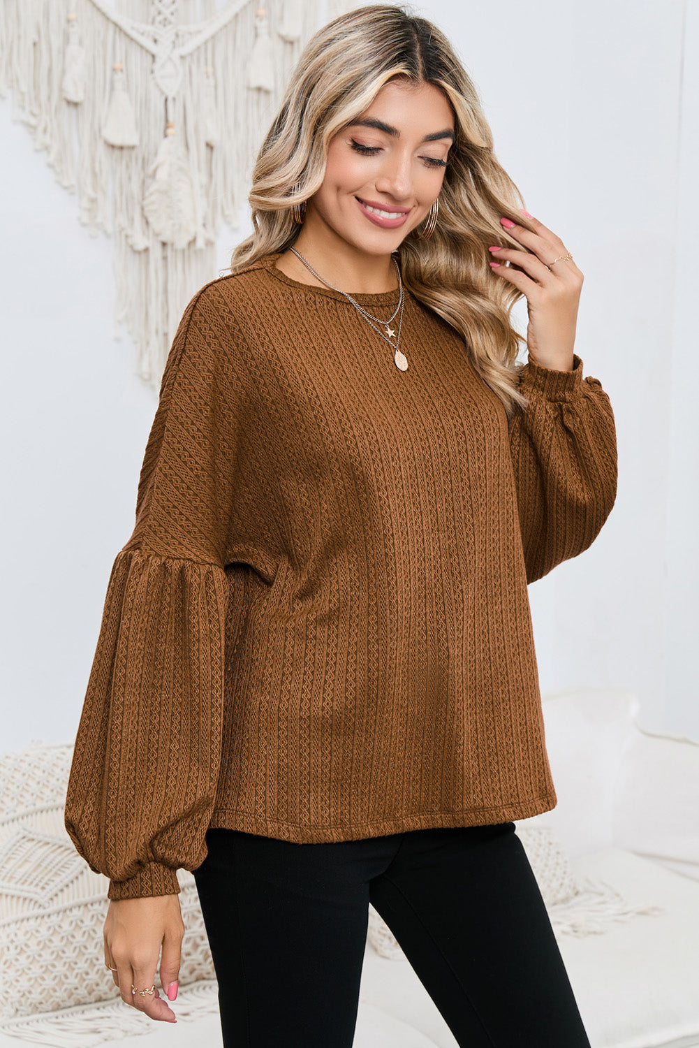 Brown Solid Color Textured Pullover Casual Top