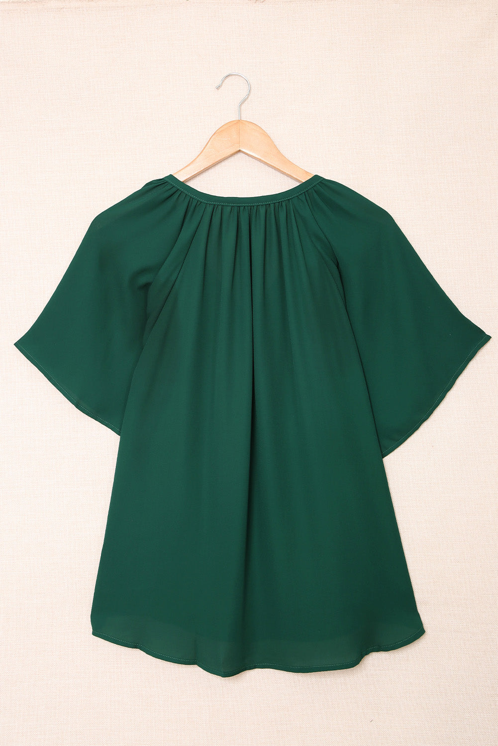 Green Casual Split Neck Pleated Loose Blouse