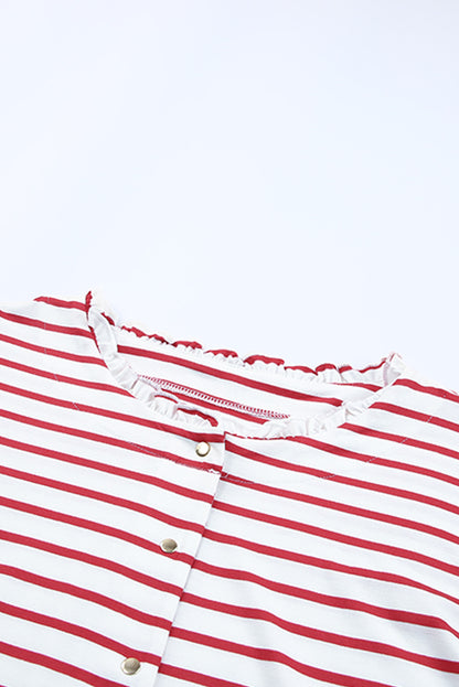 Red Striped Snap Button Frill Neck Long Sleeve Henley Shirt