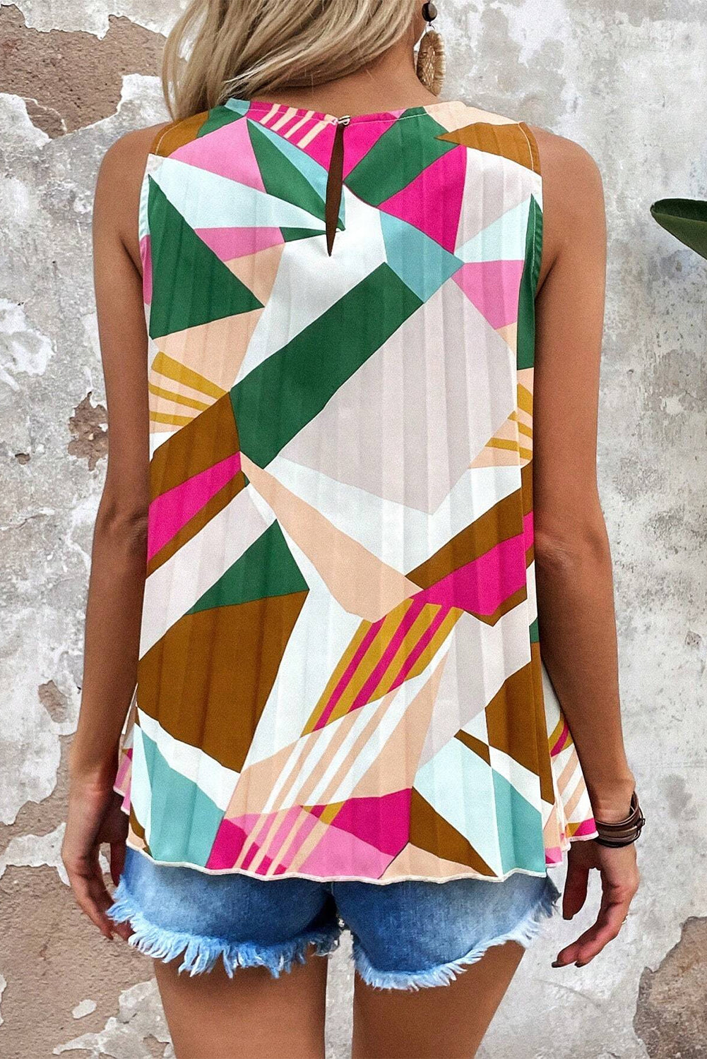 Multicolor Boho Geometric Print Keyhole Back Sleeveless Shirt