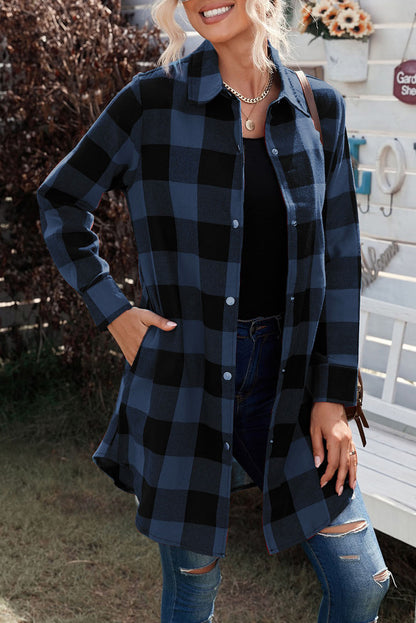 Brown & Black Plaid Collared Botton Down Long Shirt Shacket