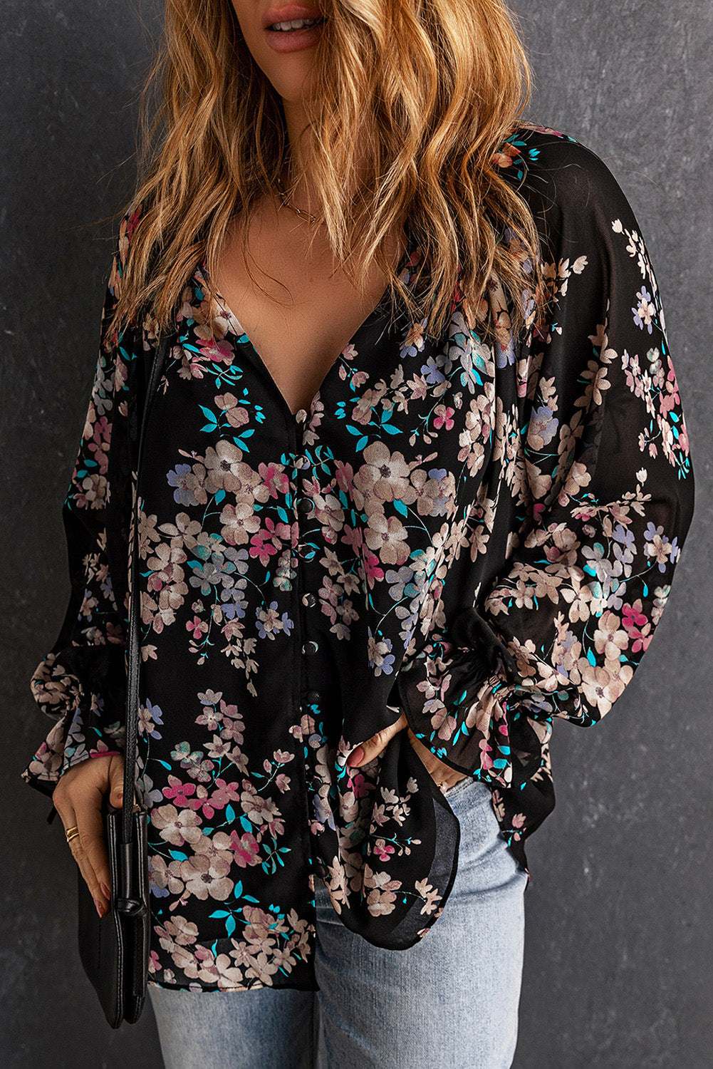 Black Floral Boho Chiffon Ruffle Blouse