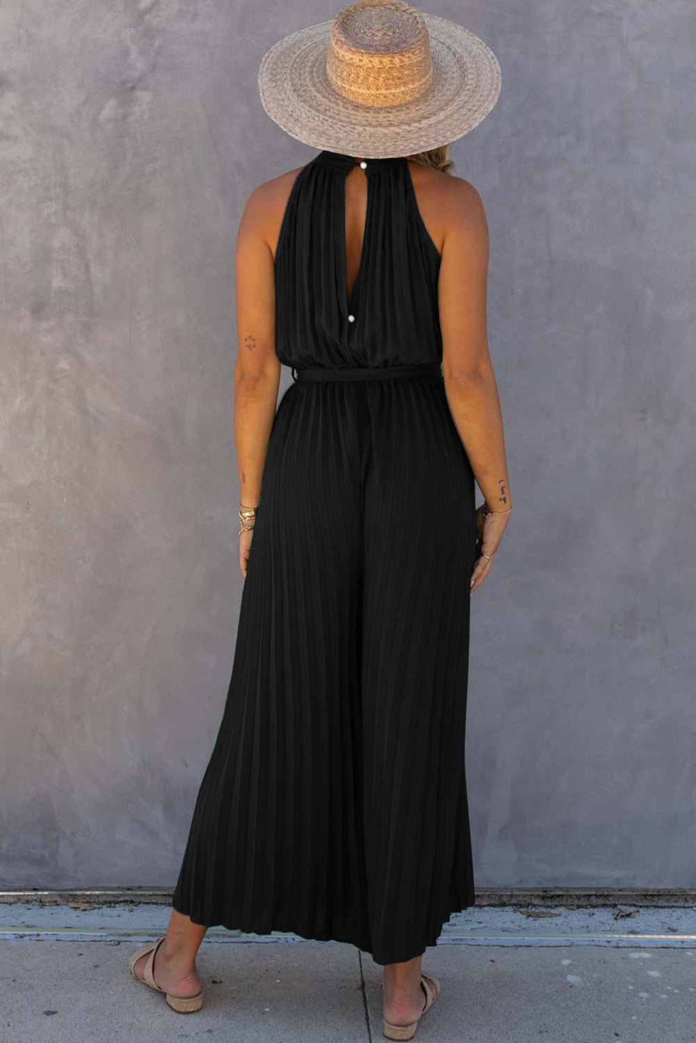 Black Elegant Halter Neck Belted Wide Leg Jumpsuit