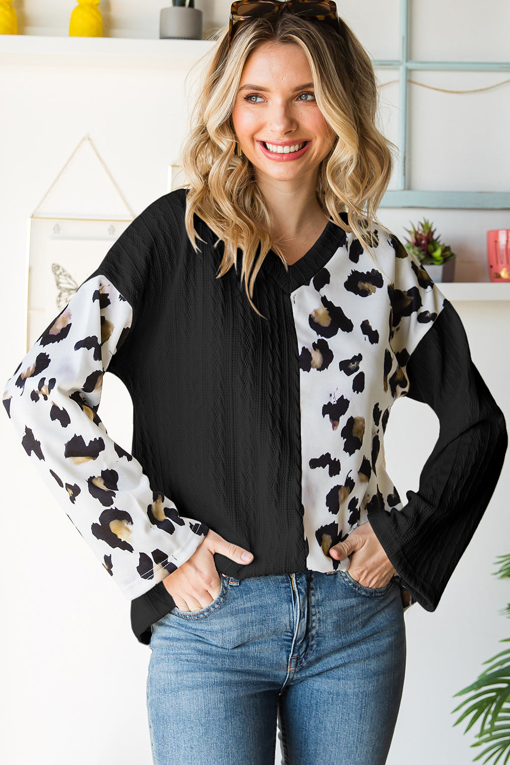 Beige V Neck Leopard Colorblock Patchwork Long Sleeve Top