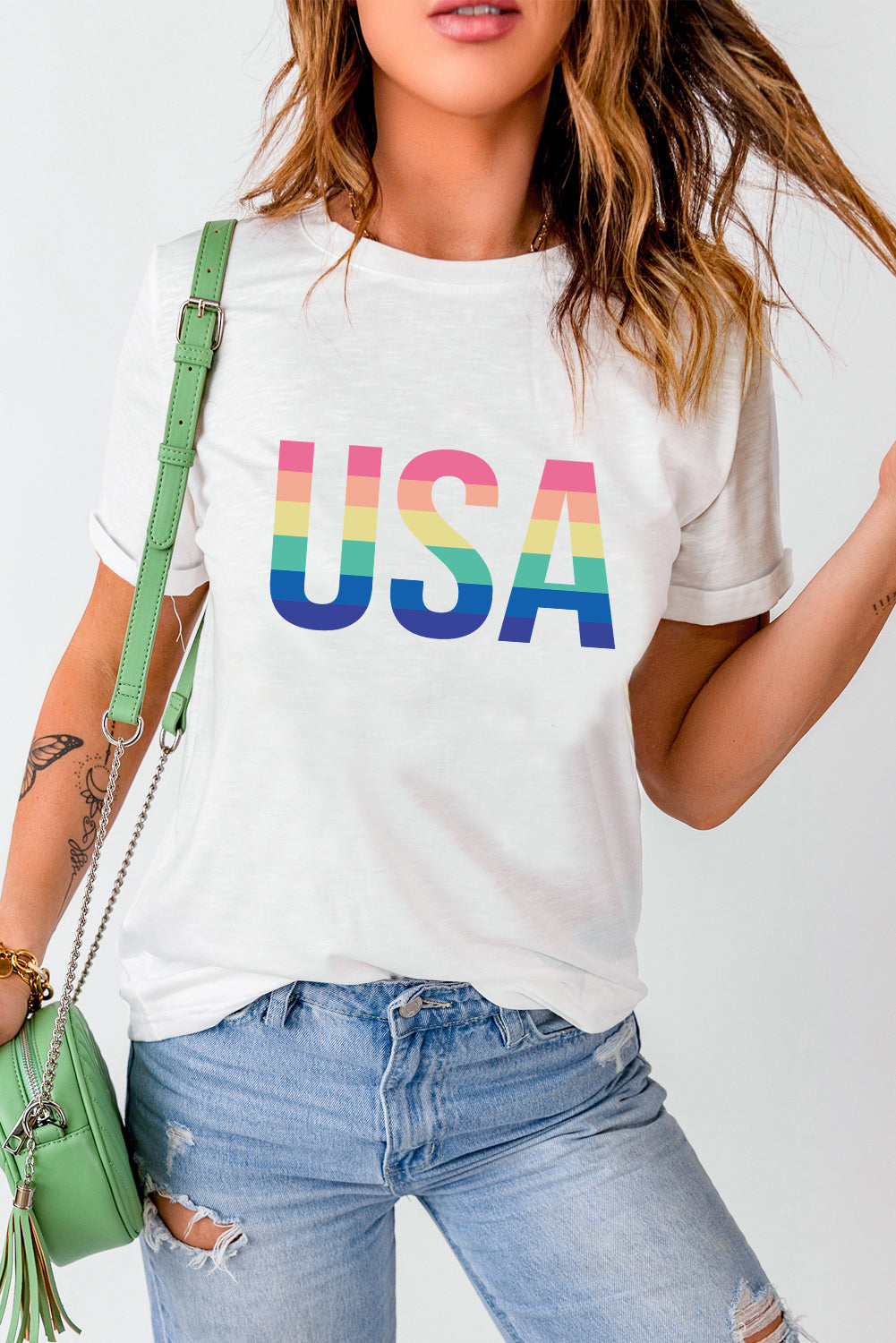 White Casual Colorful USA Letter Graphic Crewneck T Shirt