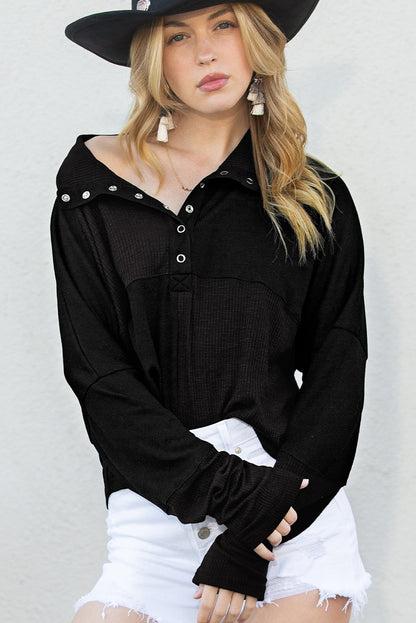 Black Ribbed Knit Drop Sleeve Collared Henley Sweater