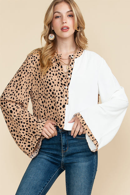 Khaki Leopard and White Patchwork Henley Blouse