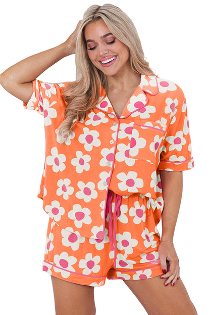 Flower Print Shirt and Drawstring Waist Pajama Set