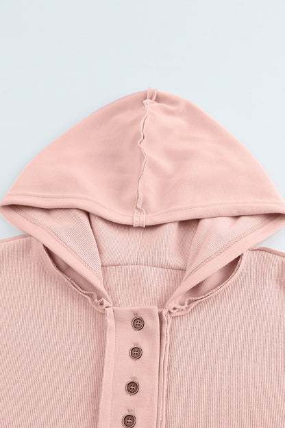 Pink Casual Button Patchwork Trim Hoodie