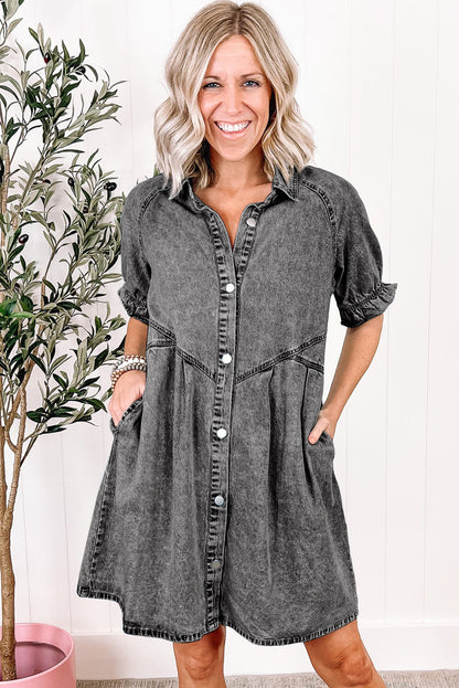 Medium Grey Mineral Washed Ruffled Short Sleeve Pocketed Denim Dress