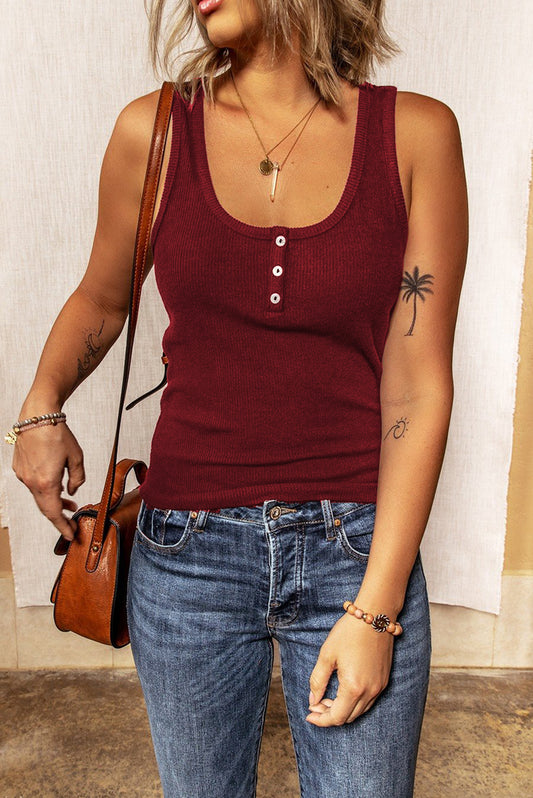 Red Casual Buttoned Ribbed Tank Top