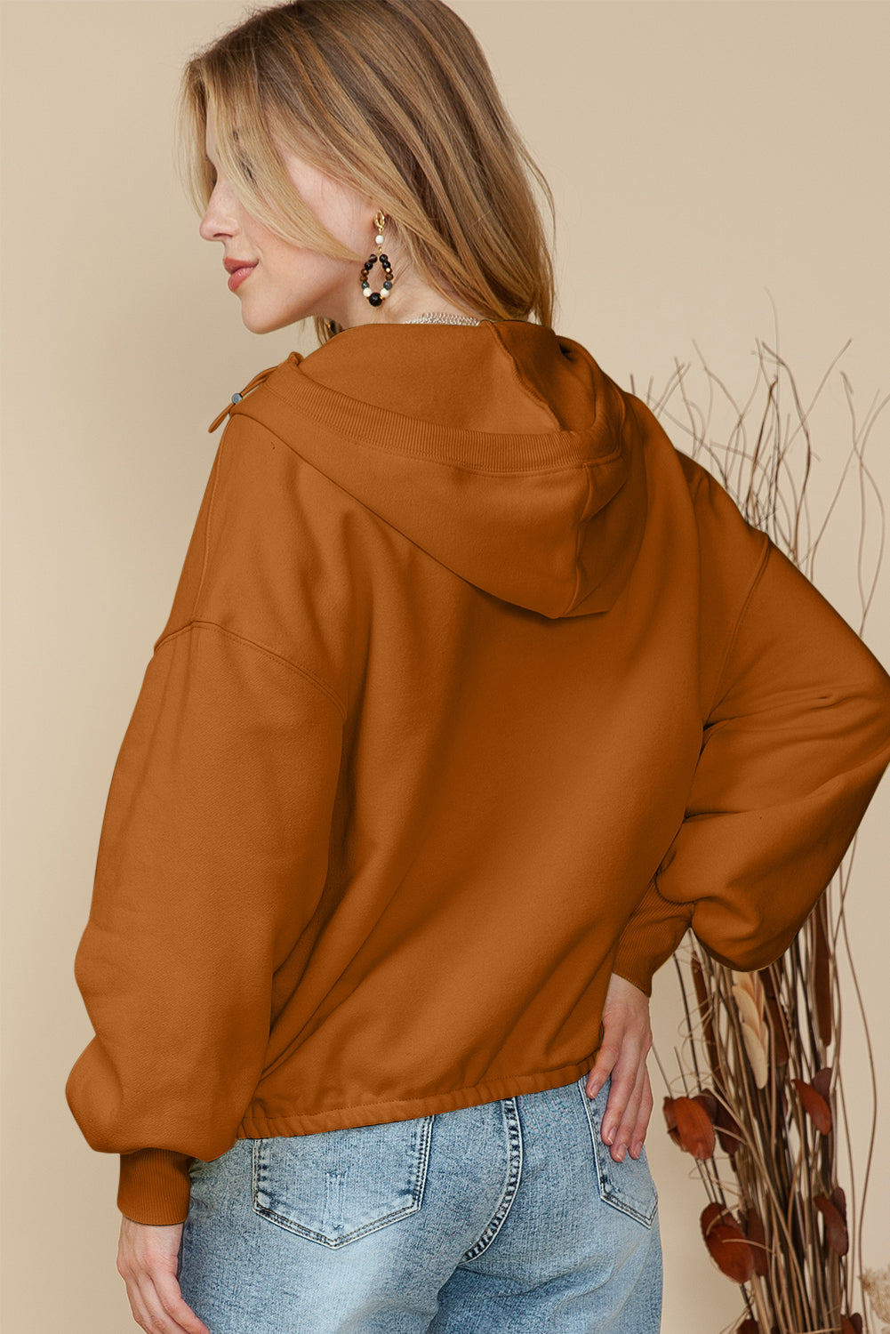 Brown Half Zip Pullover Hoodie with Kangaroo Pocket