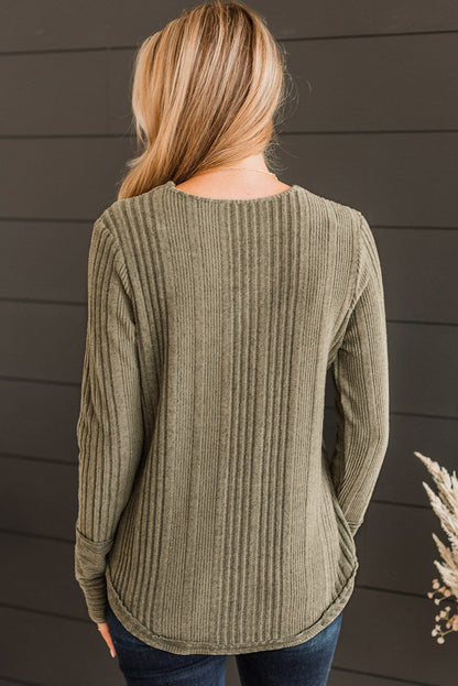 Pickle Green V Neck Buttoned Ribbed Knit Top