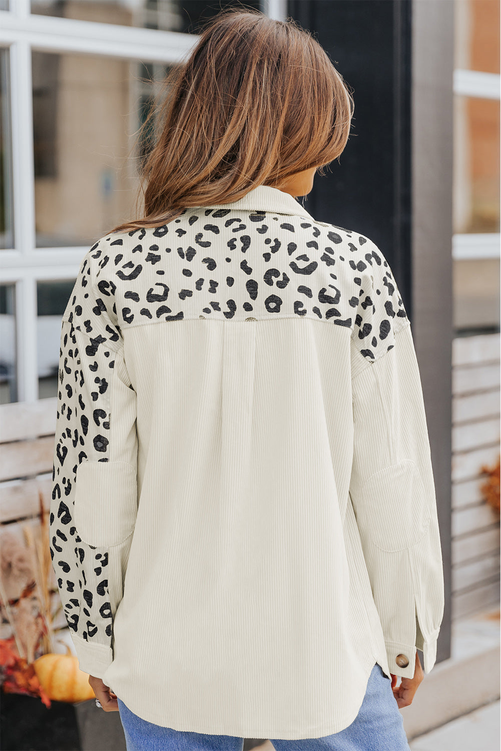 Apricot Leopard Print Pocketed Corduroy Shacket