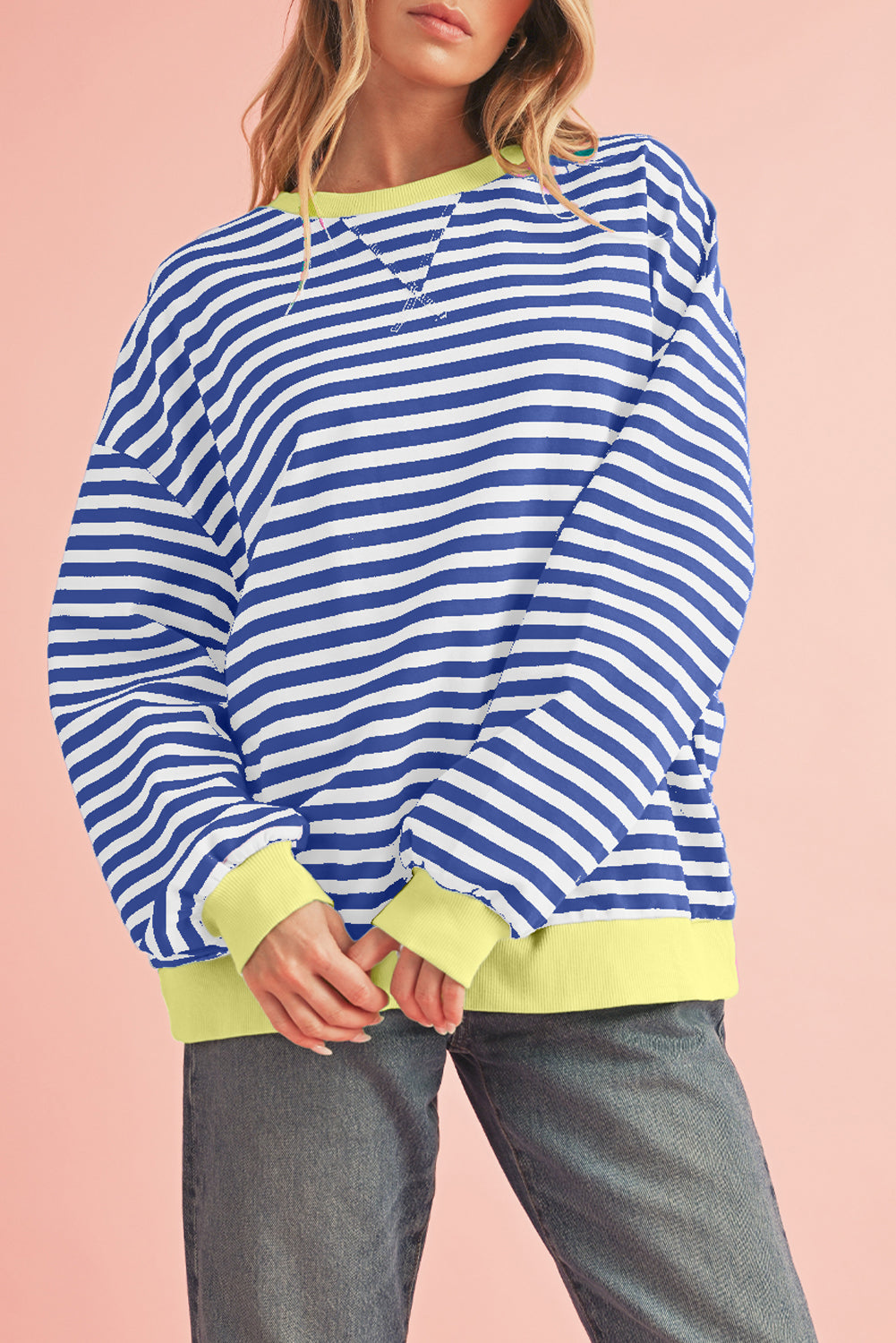 Sky Blue Stripe Contrast Edge Oversized Pullover