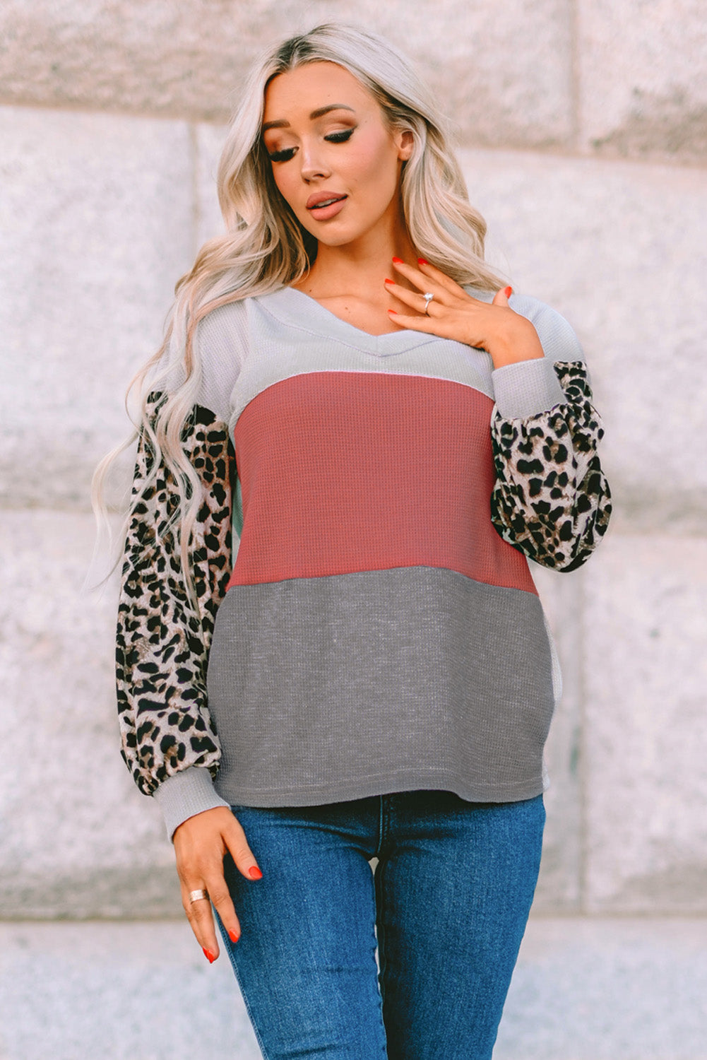 Leopard Print Color Block Waffle Knit Top