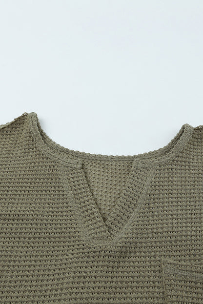 Green Waffle Knit Split V-Neck Top