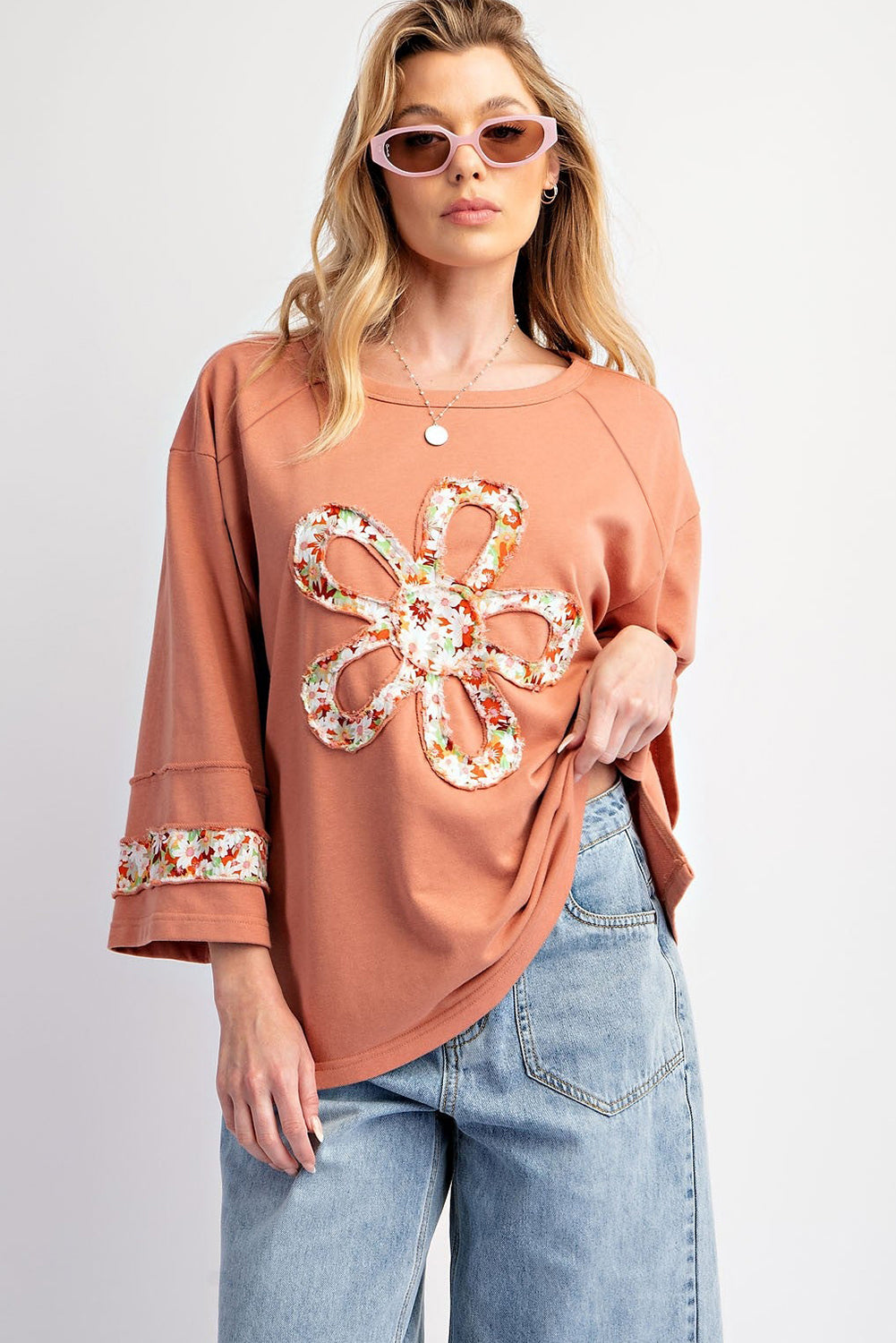 Beige Flower Exposed Seam Patchwork Loose Top