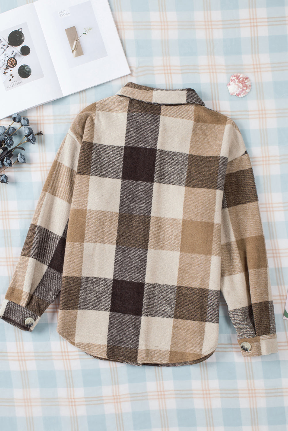 Plaid Color Block Buttoned Pocket Long Sleeve Shacket