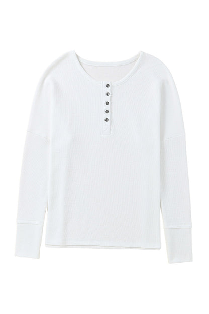 White Casual Waffle Button Front Knit Henley Top