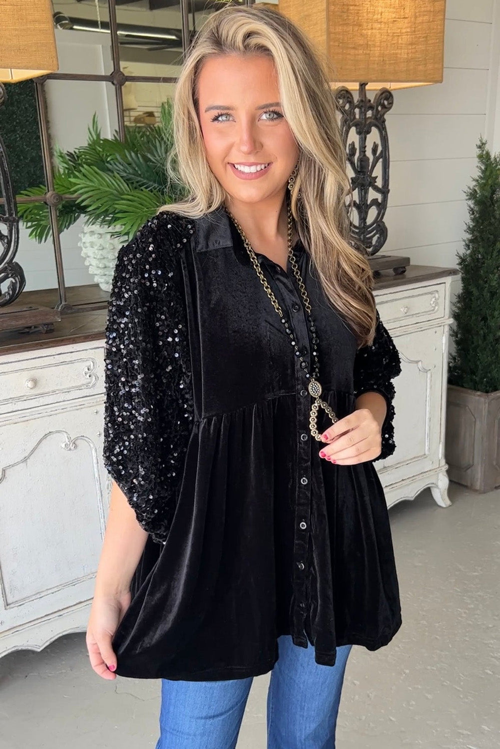 Black Velvet Sequin Puff Sleeve Button Babydoll Blouse