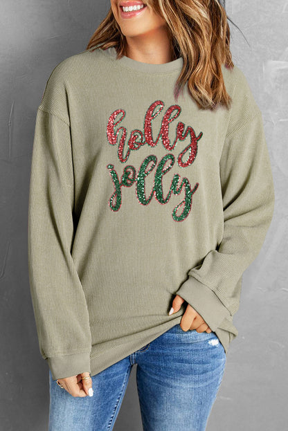 Green Corduroy Christmas Tree Sequin Graphic Sweatshirt