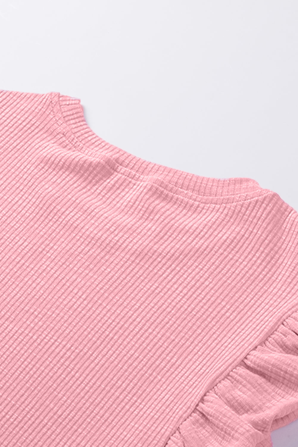 Pink Ruffle Sleeve Crewneck Ribbed Crop Top