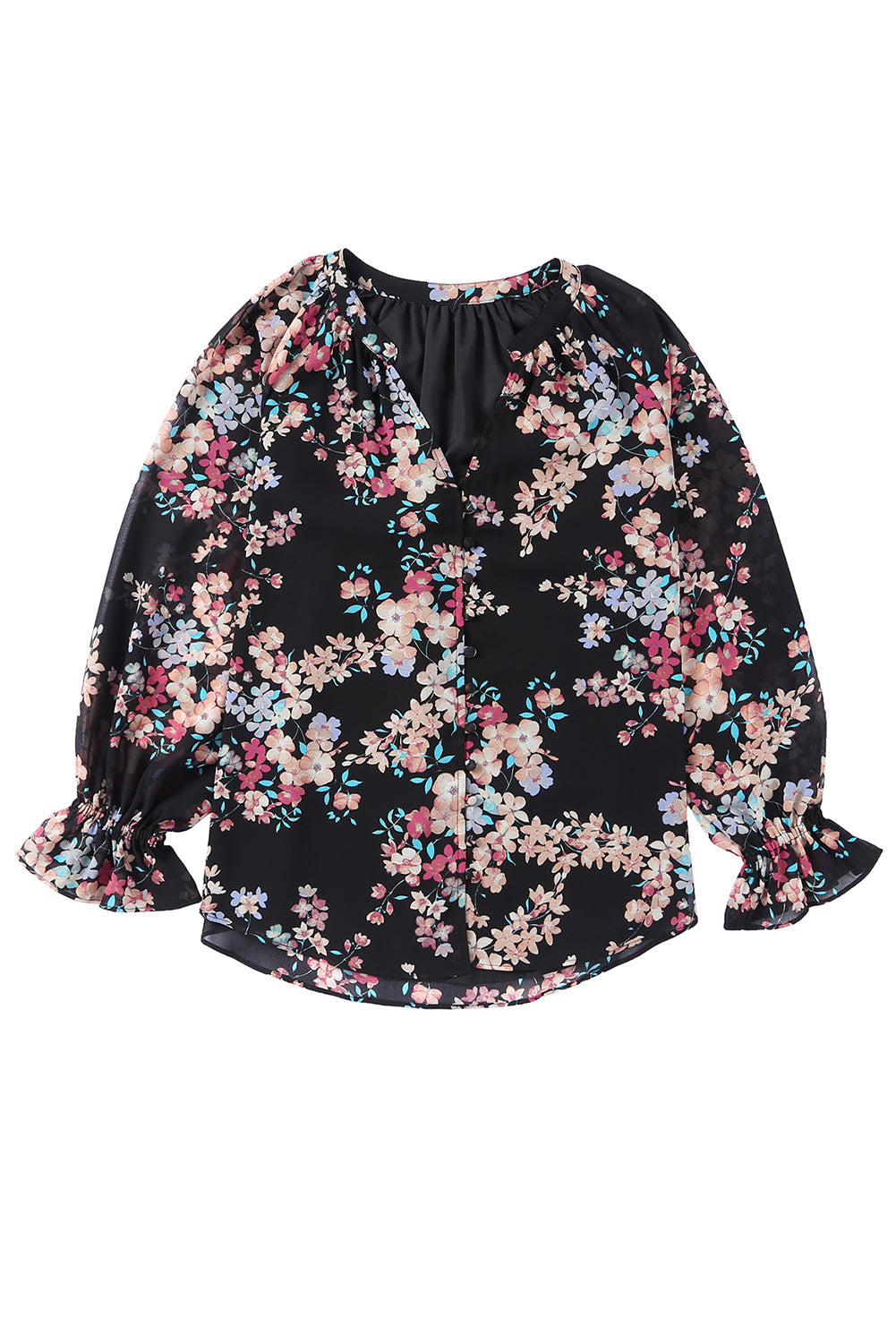 Black Floral Boho Chiffon Ruffle Blouse