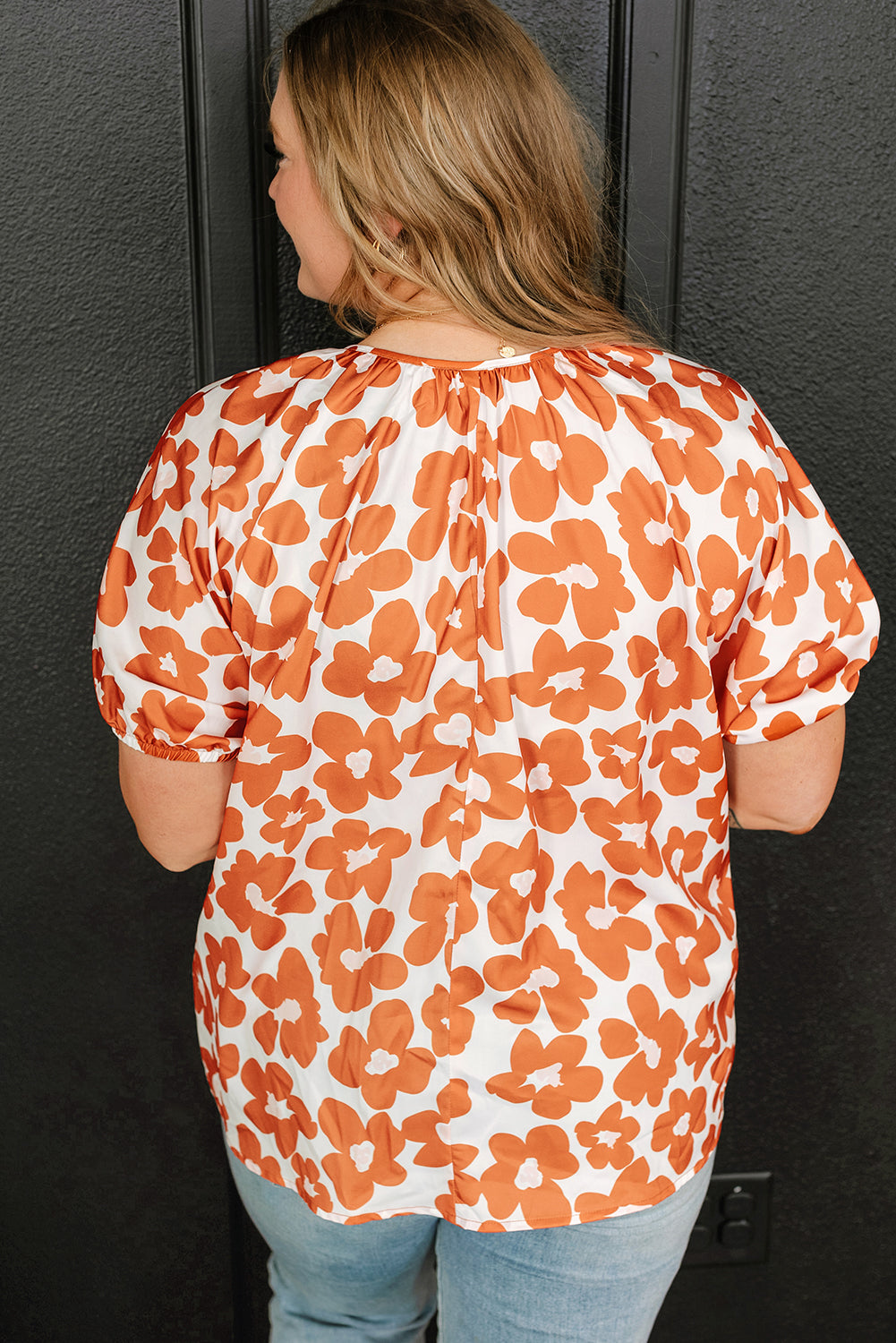 Orange Floral Drawstring Blouse