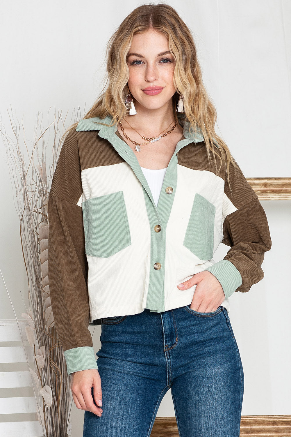 Green Color Block Button Up Cropped Corduroy Jacket