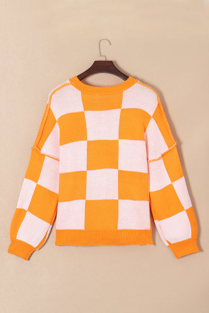 Pink Checked Bishop Sleeve Pullover Sweater