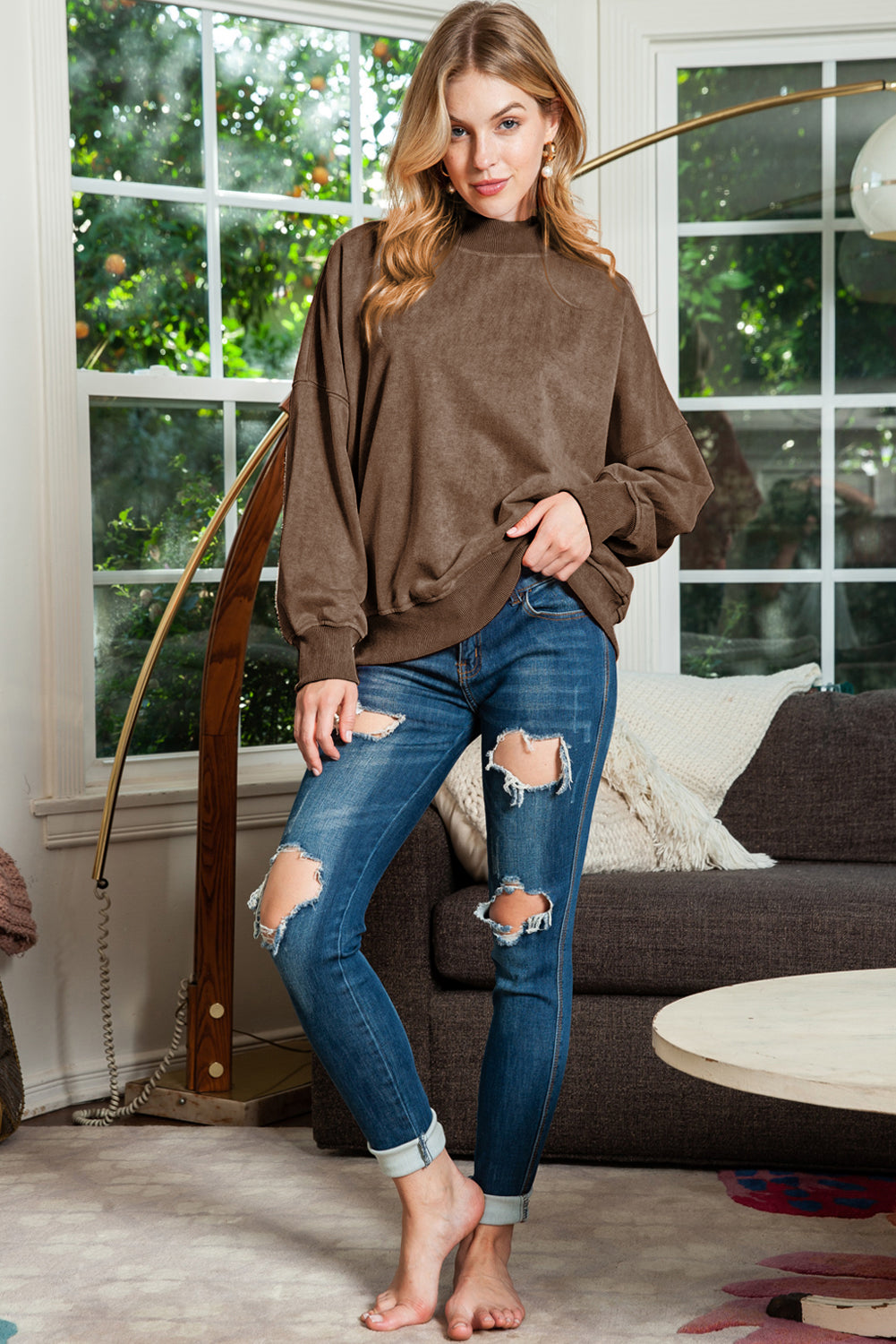 Brown Drop Shoulder Crew Neck Pullover Sweatshirt