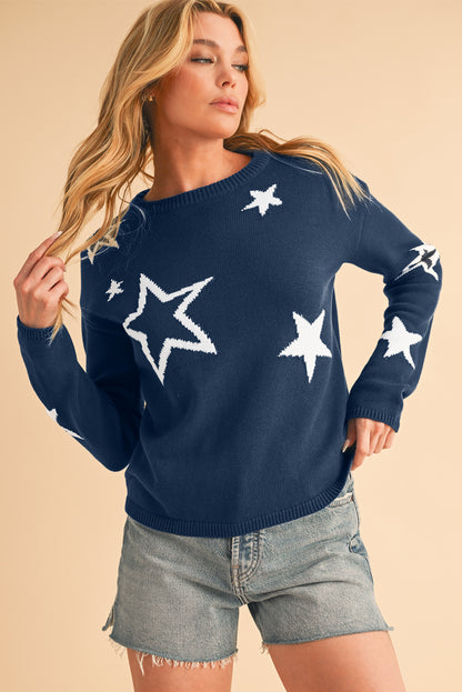 Sail Blue Star Print Drop Sleeve Cable Knit Sweater