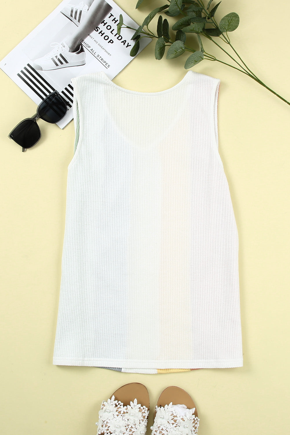 Multicolor Color Block V Neck Waffle Knit Tank Top