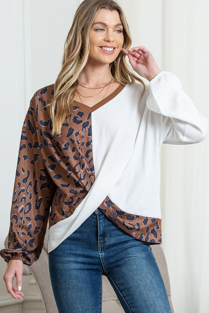 Brown Leopard Patchwork Waffle Knit Top