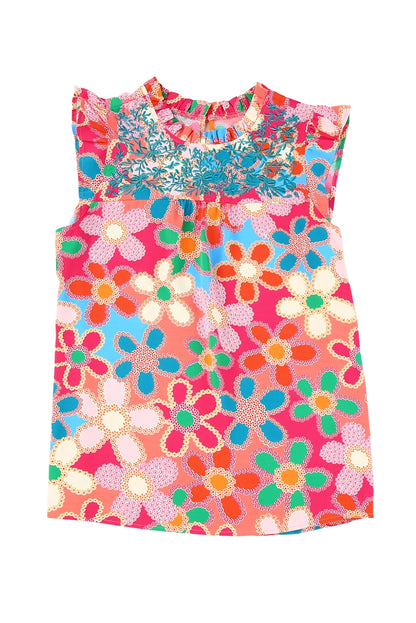 Pink Floral Print Boho Sleeveless Blouse