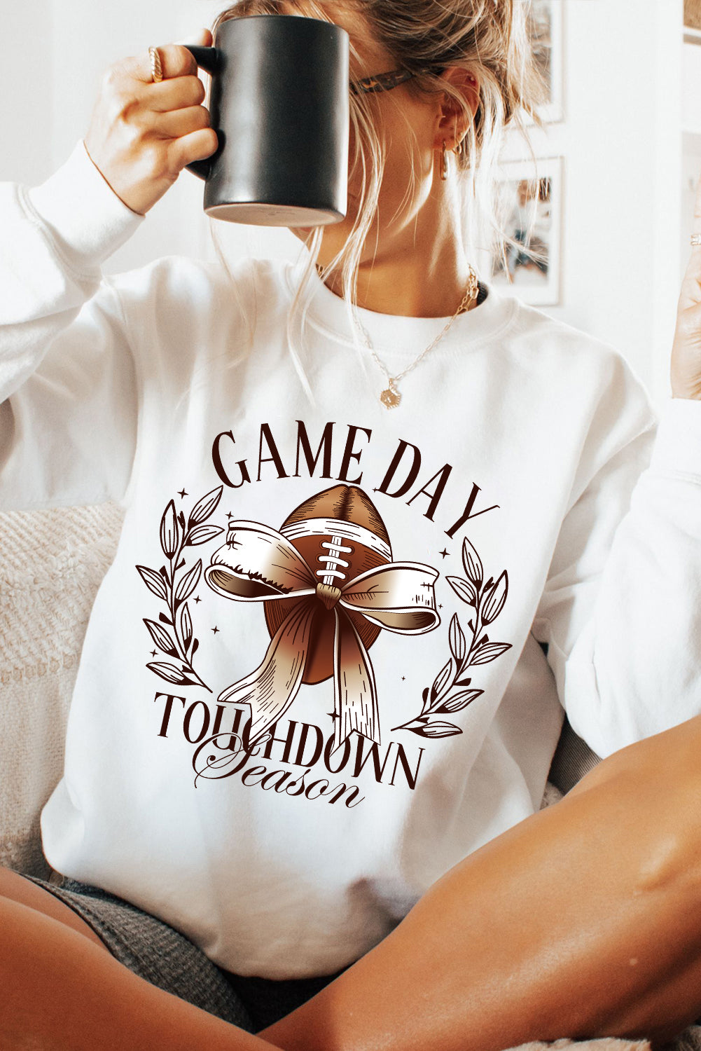 Beige GAME DAY Bowknot Rugby Graphic Sweatshirt