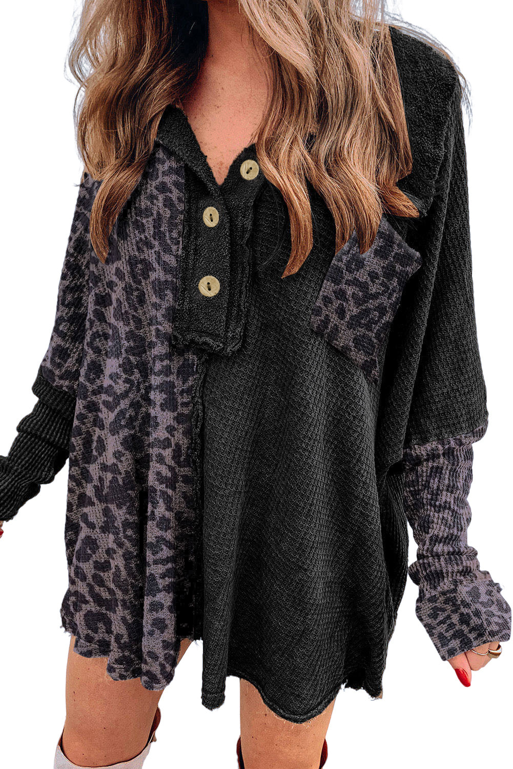 Black Waffle Knit Leopard Block Henley